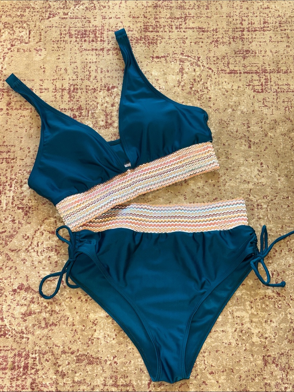 Teal Two-Piece Bikini Set with Multicolor Elastic Band Size L
